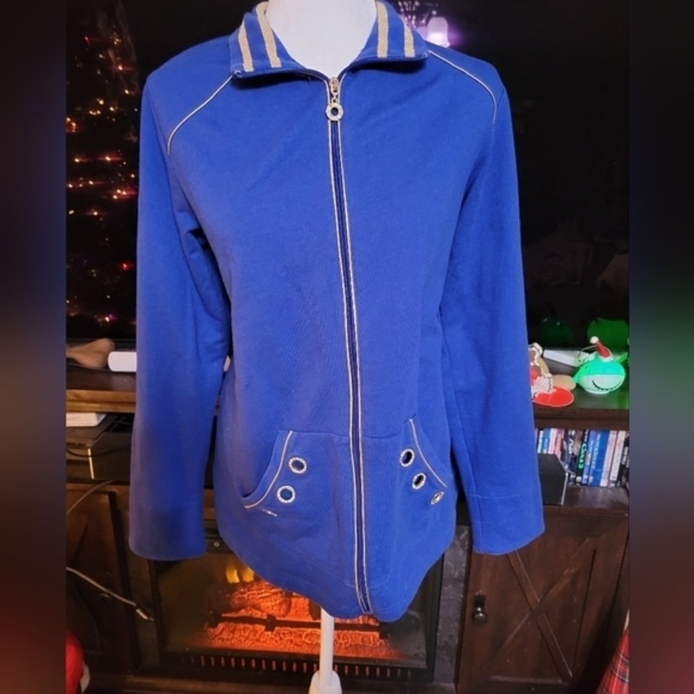 Quacker Factory by Jeanne Bice blue & gold zip up sweatshirt size Medium
